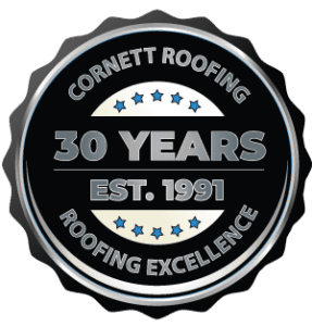 30th Anniversary badge for Cornett Roofing Systems