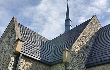 Metal Shake roof panels on Grace UMC church in Franklin Indiana