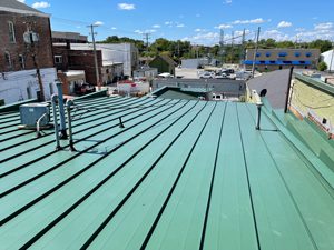 green standing seam roof on business