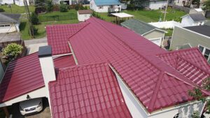 Metal tile roof in red drone picture