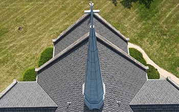 Church steeple photo looking down from a drone