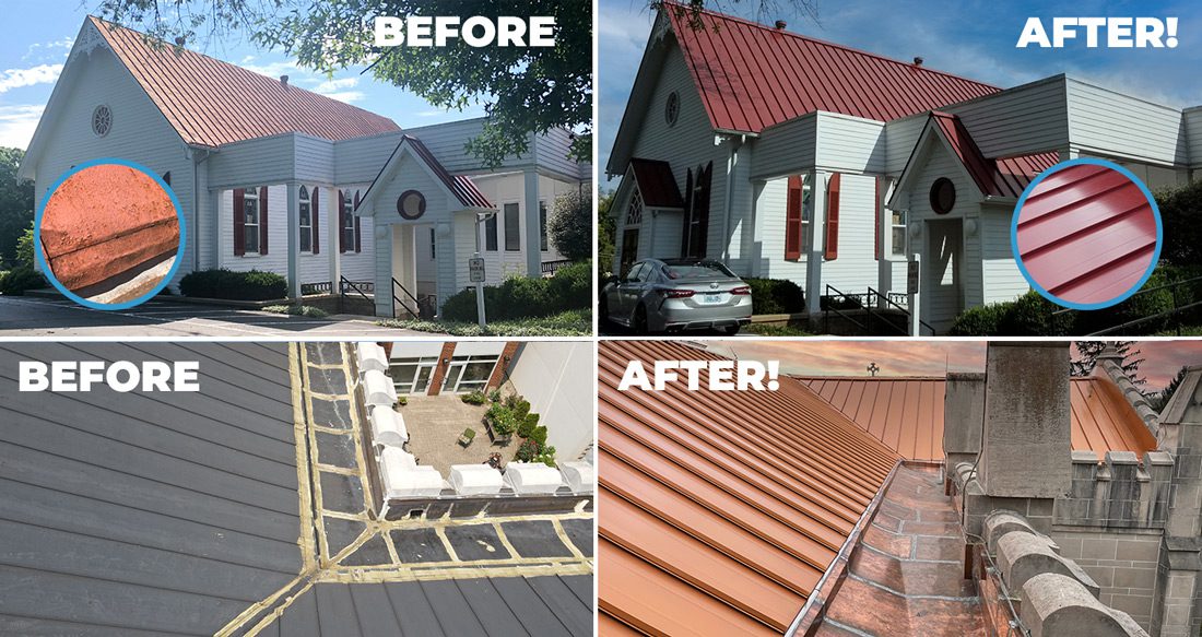 Church roofing before and after